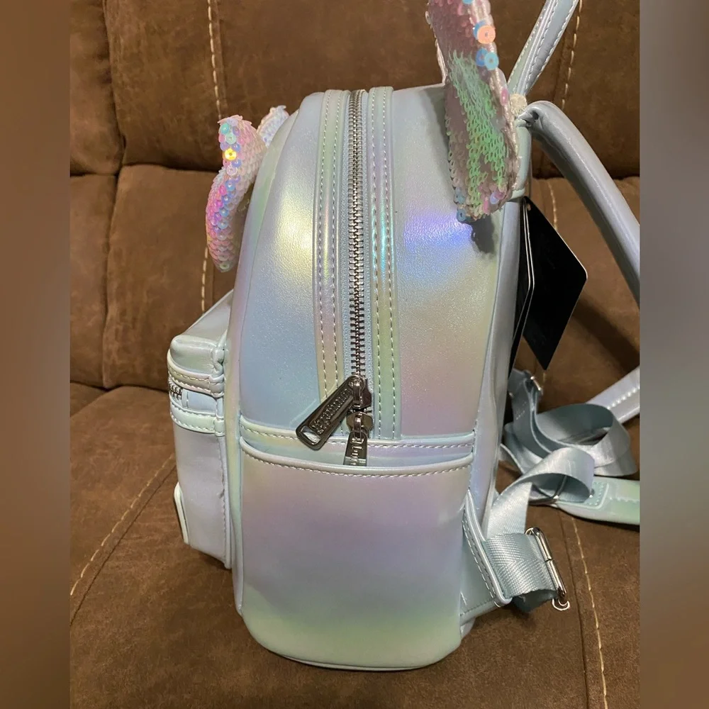 NWT- Loungefly Iridescent Blue Backpack with Sequins ears and bow - Picture 3 of 6